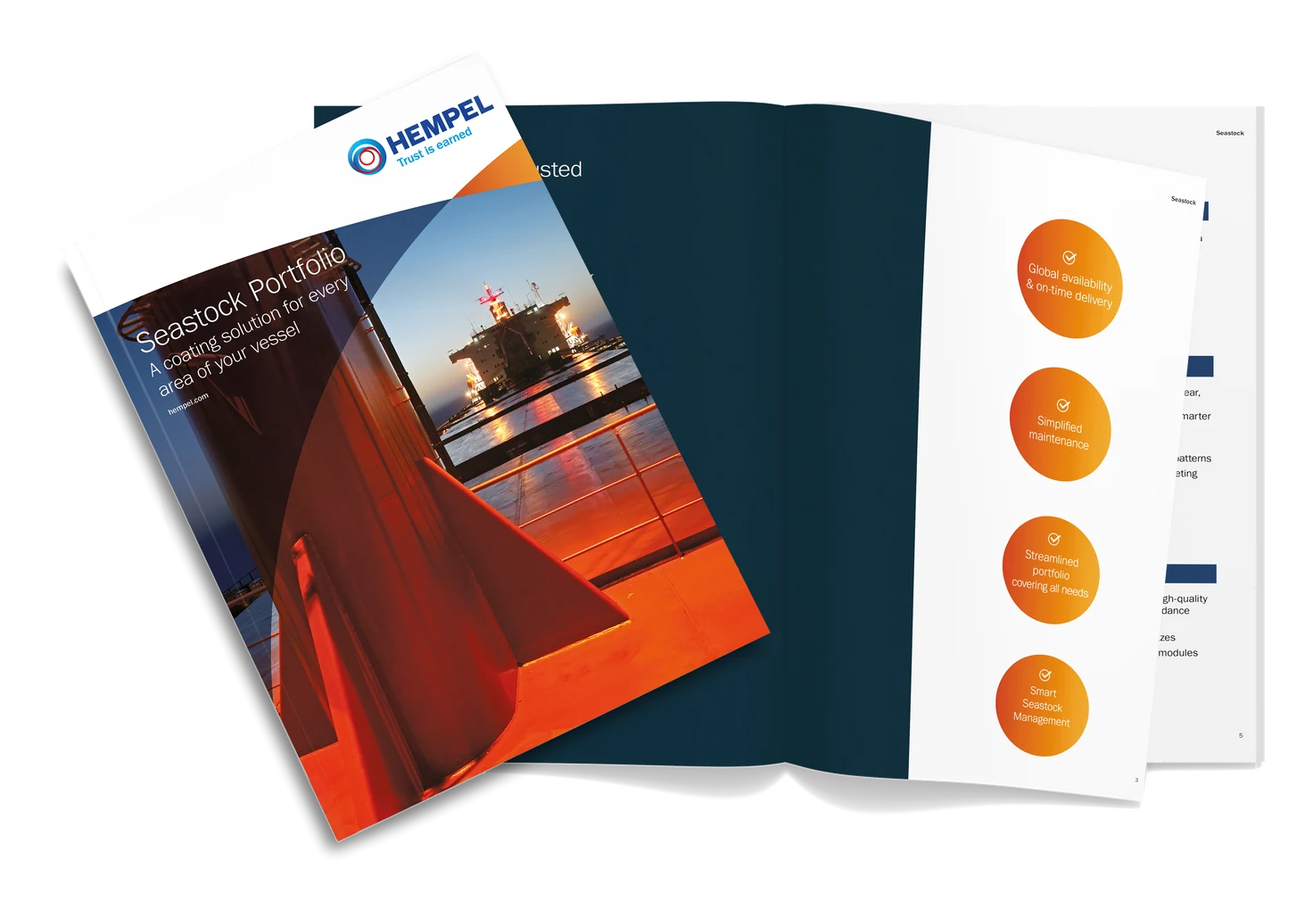 Open Hempel Seastock Portfolio brochure next to its cover, showing key benefits: global availability and on-time delivery, simplified maintenance, a streamlined portfolio and Smart Seastock Management.