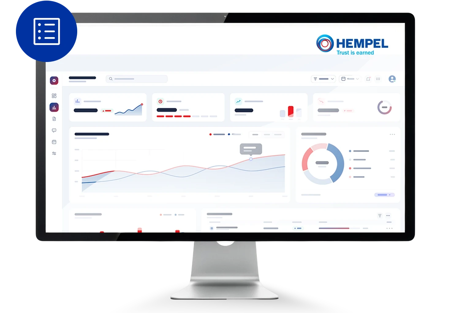 Desktop monitor showing a Hempel analytics dashboard with charts and key figures.