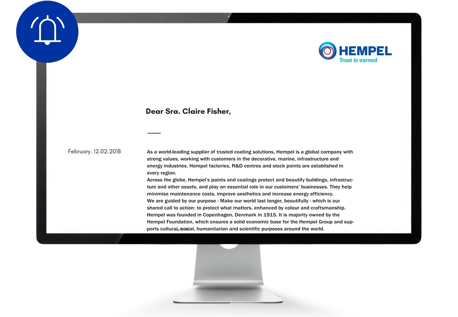 Desktop monitor showing a Hempel letter introducing the company.