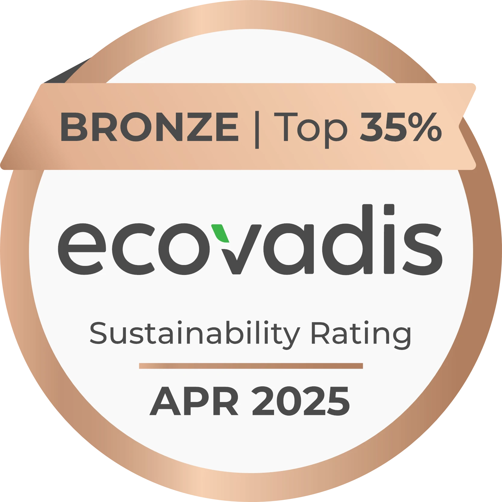 EcoVadis sustainability rating certificate indicating top 35% achievement, dated April 2020.