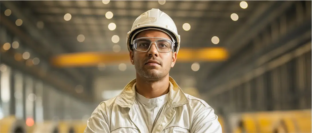 Worker in white helmet in factory
