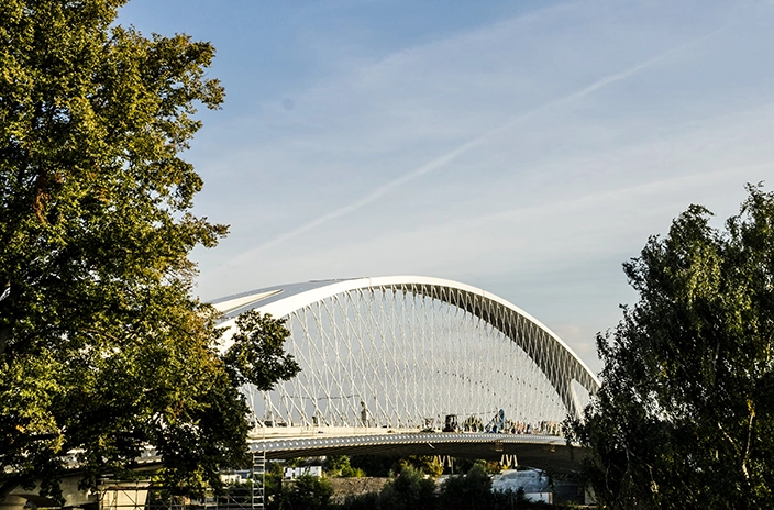 A white arch bridge seen through trees, with clear skies and light traffic crossing it.