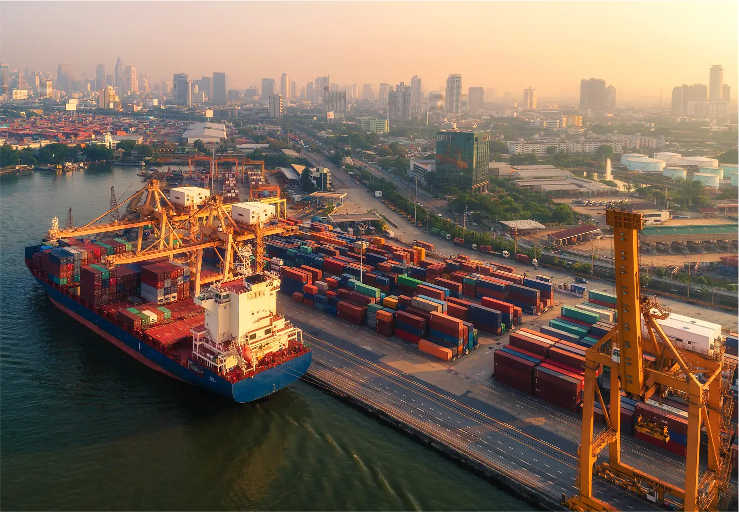 City harbor with container ship