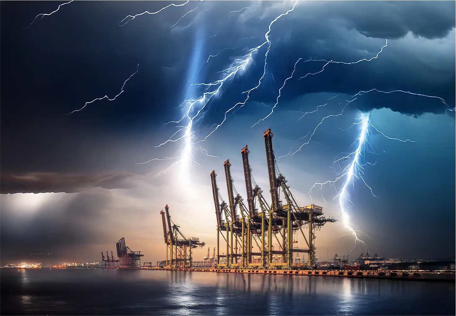 Port equipment during storm with lightning