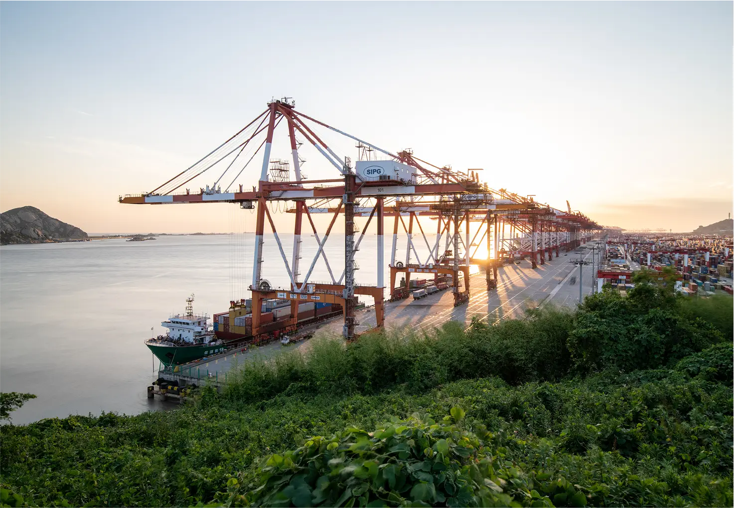 Port equipment during sunset