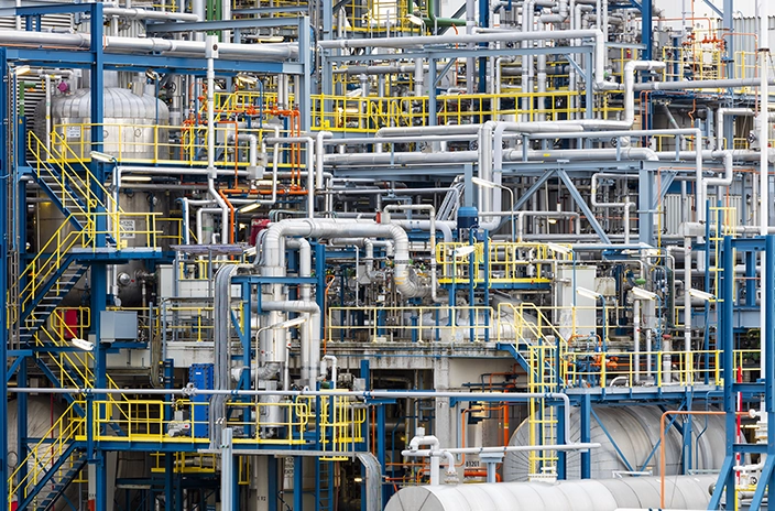 Dense network of pipes, tanks, and platforms in an industrial facility, with yellow safety railings.
