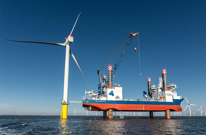 Offshore wind turbine installation vessel at work