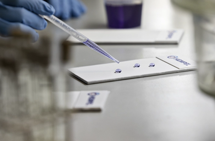 Gloved hand holding a pipette, placing drops on a white testing surface.