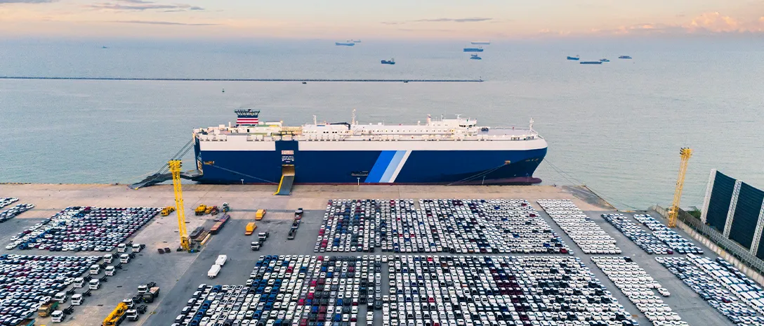 RoRo ship waiting in the port to be rolled on