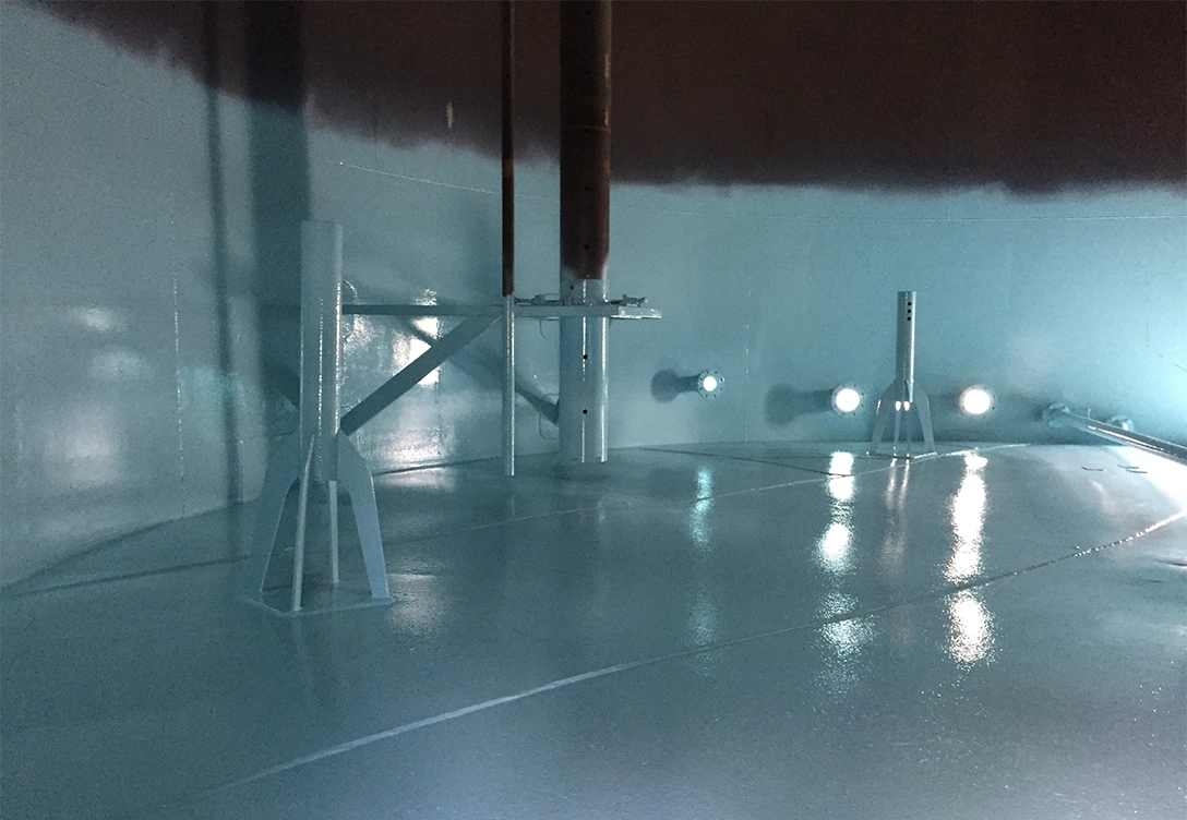 Interior of storage tank coated with a new Hempaline Defend lining to protect against corrosion at Shell Nederland.