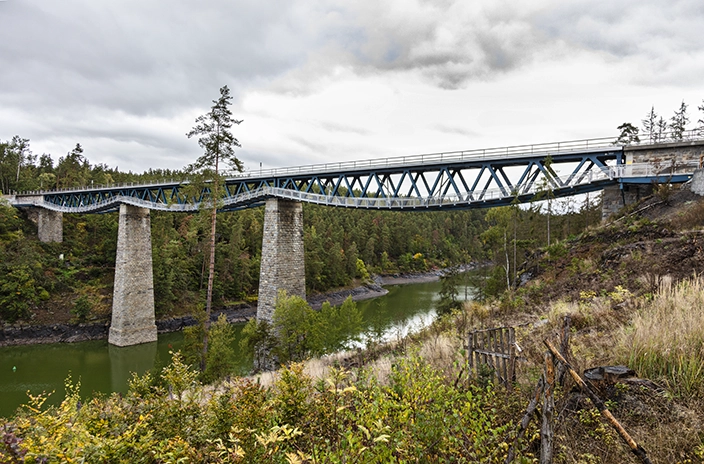 Hracholusky Bridge crossing a river with forested banks beneath a cloudy sky