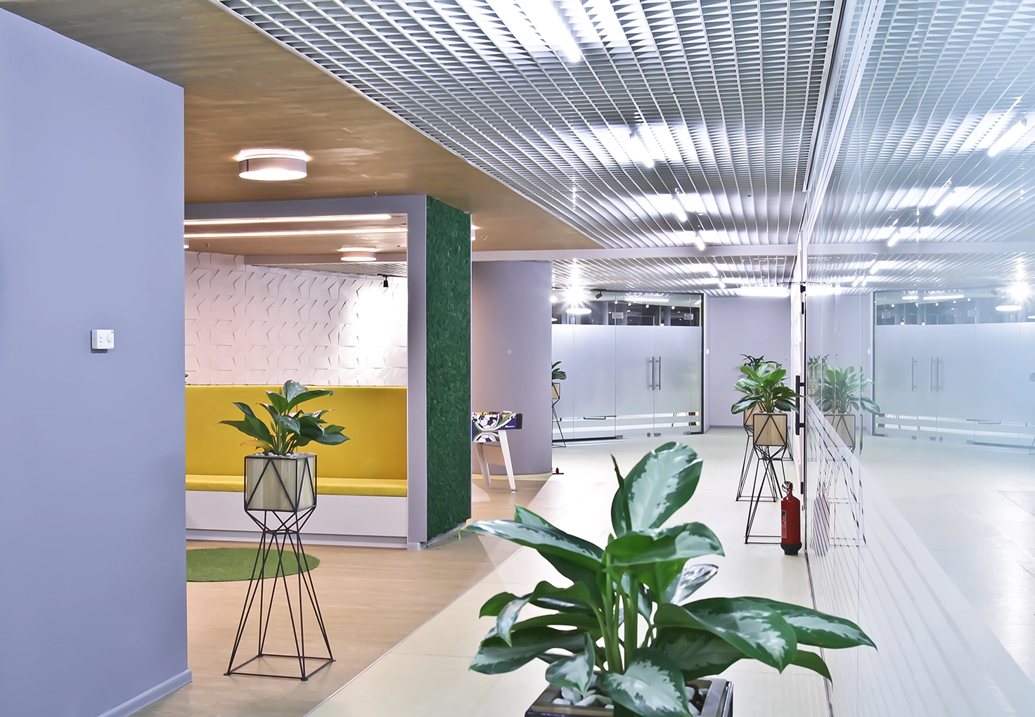 A modern office space featuring greenery and a decorative wall, creating a fresh and inviting work environment.