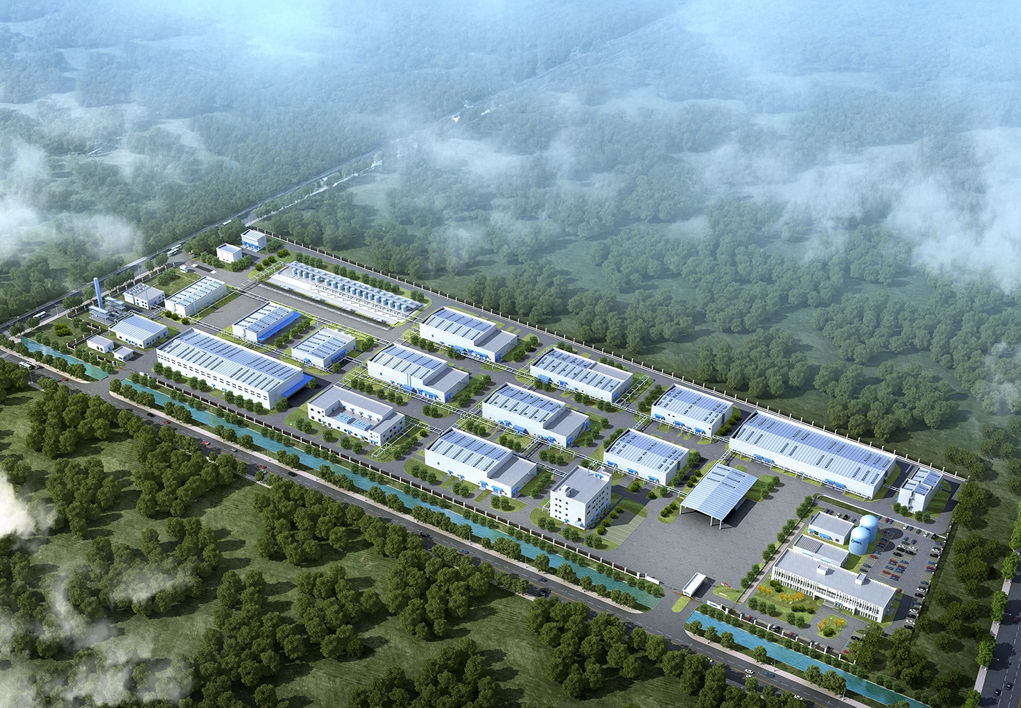 Aerial view of the Zhangjiagang factory, showcasing its large industrial structure and surrounding area.