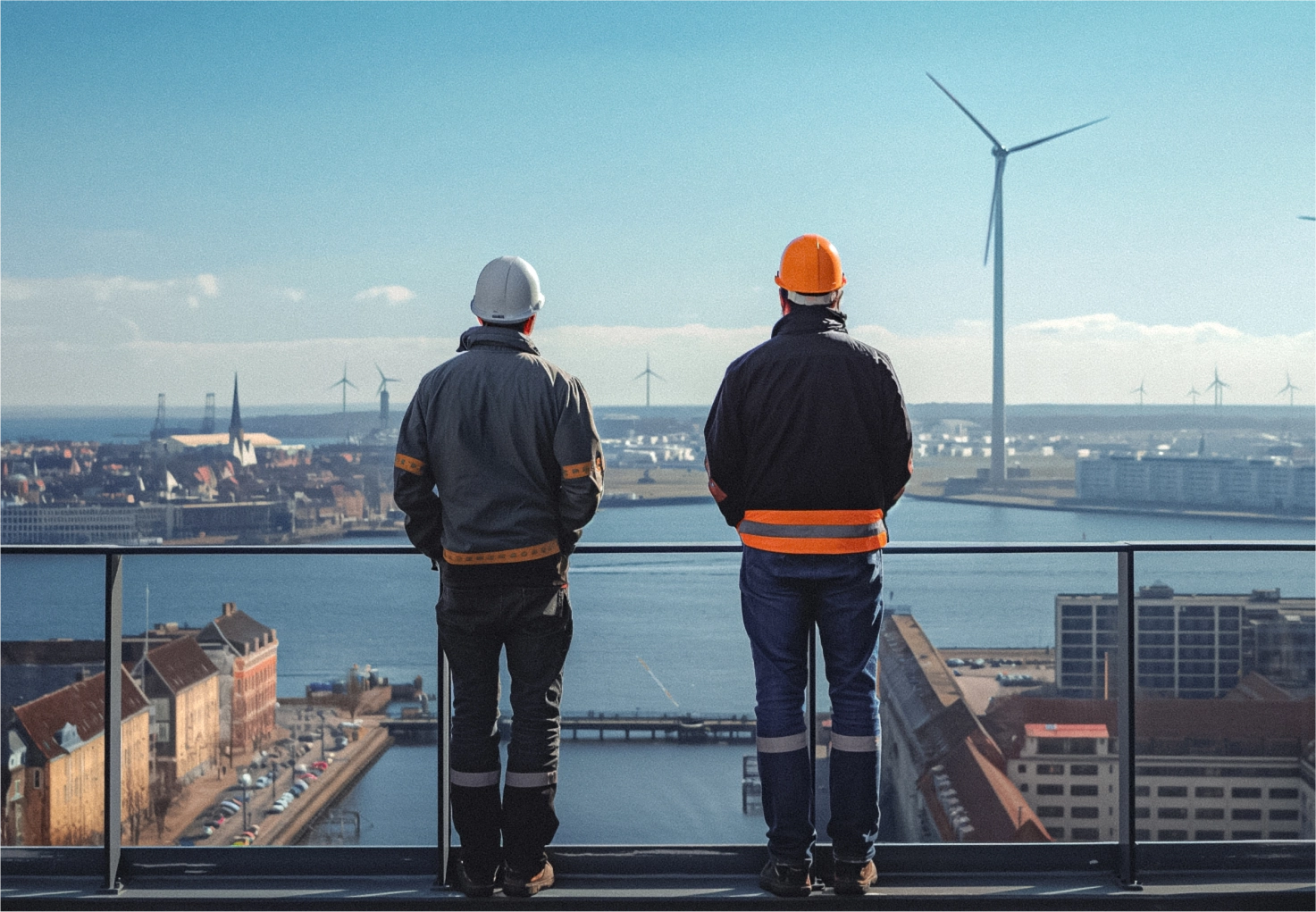 Two workers in helmets look out over a waterfront cityscape with wind turbines in the distance.