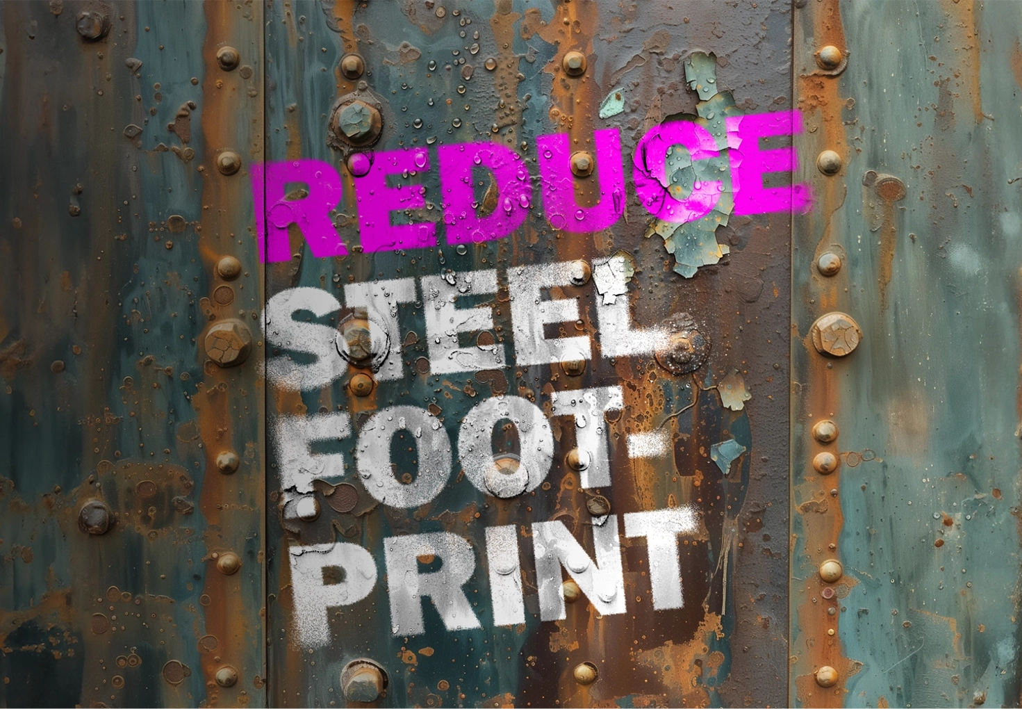 The phrase "REDUCE STEEL FOOTPRINT" spray-painted in bold pink and white letters on a rusted metal surface.