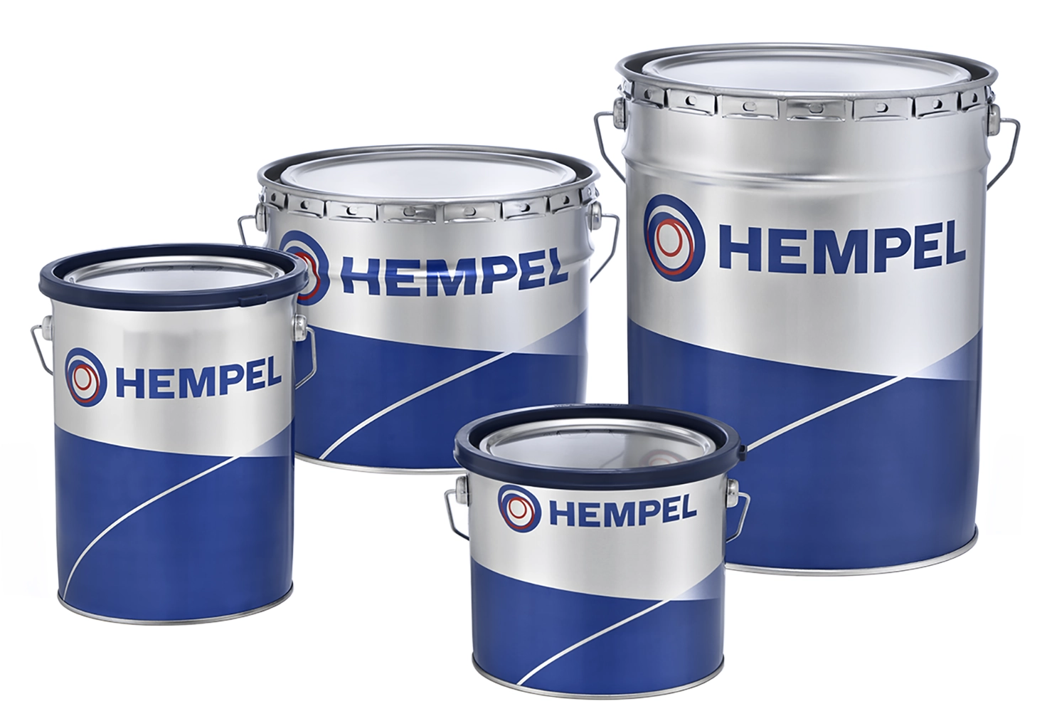 Four buckets of paint of varying sizes branded with Hempel’s logo.
