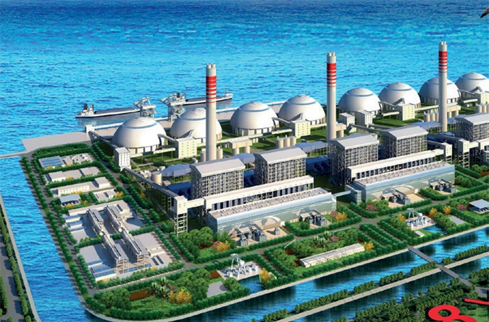 A large industrial power plant operated by the Baolihua Group located near a body of water, featuring several cooling towers, chimneys, and dome-shaped structures.