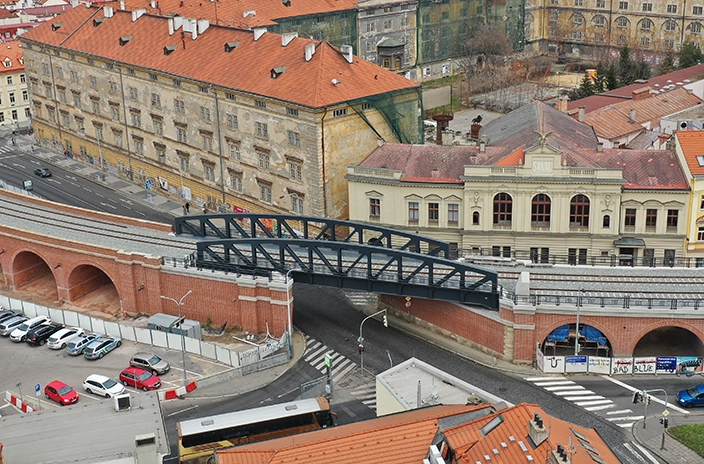 Overhead view of the Horin Road Bridge and Negrelli Viaduct in Prague.